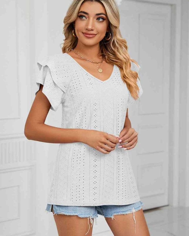Eyelet Layered Flutter Sleeve V-Neck Knit Top