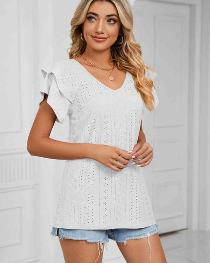 Eyelet Layered Flutter Sleeve V-Neck Knit Top