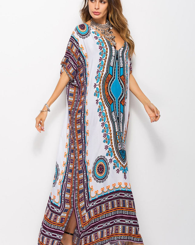 Printed V-Neck Side Slit Maxi Dress