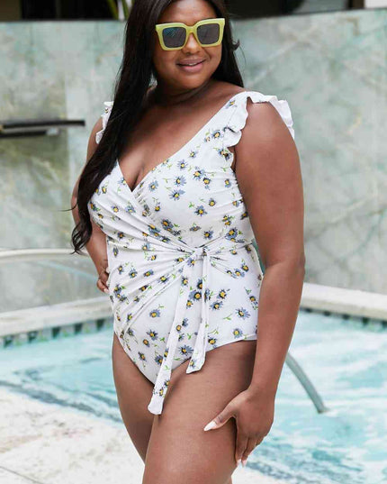 Marina West Swim Float On Ruffle Faux Wrap One-Piece in Daisy Cream