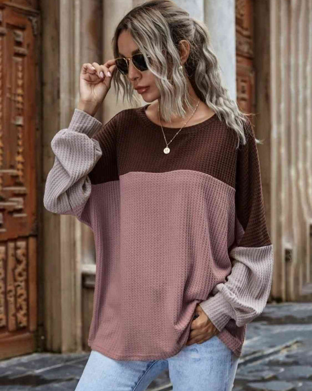Color Block Waffle-Knit Long Sleeve Top