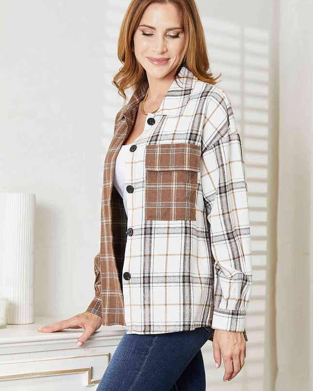 Double Take Plaid Contrast Button Up Shirt Jacket