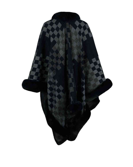 Checkered Faux Fur Trim Poncho