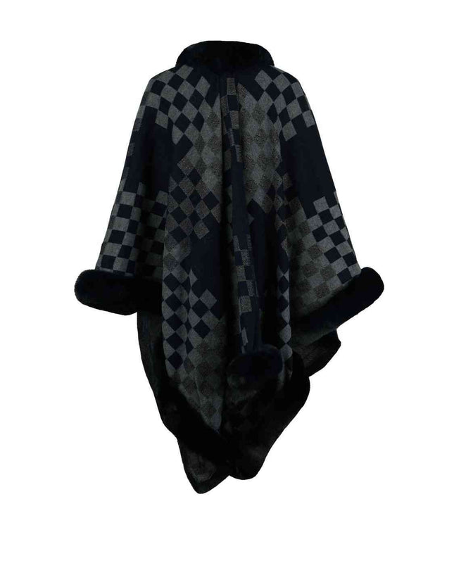 Checkered Faux Fur Trim Poncho