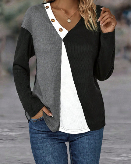 Color Block Decorative Button V-Neck Top