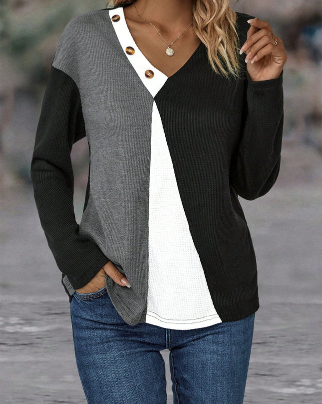 Color Block Decorative Button V-Neck Top