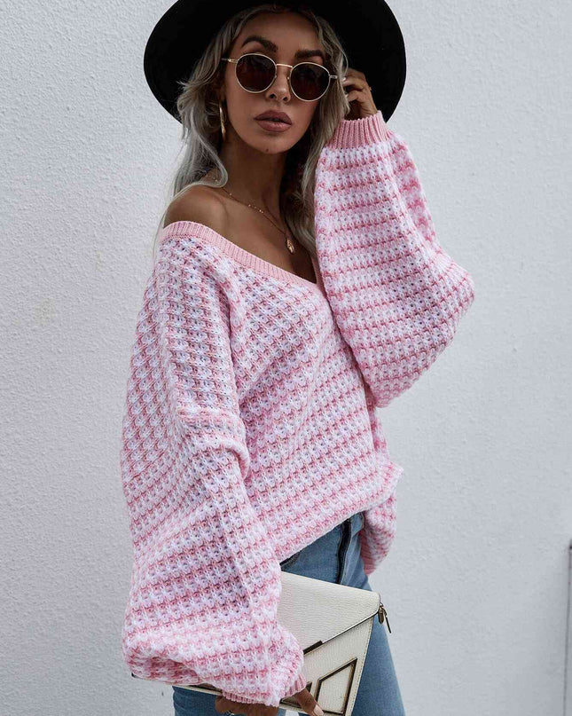 Striped Drop Shoulder V-Neck Pullover Sweater
