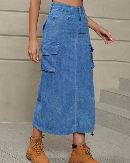 Drawstring Ruched Slit Denim Midi Skirt