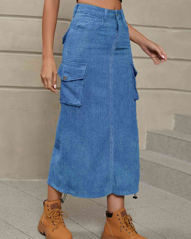Drawstring Ruched Slit Denim Midi Skirt