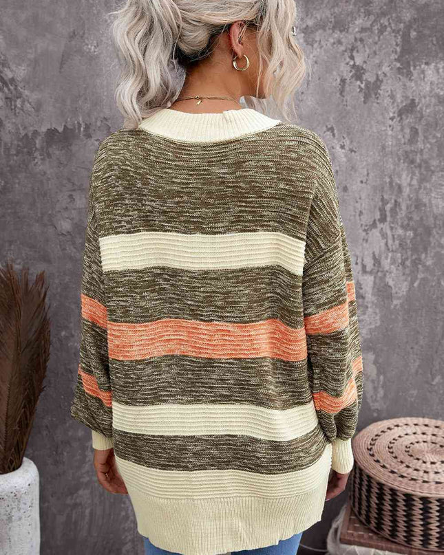Woven Right Striped Button Down Longline Cardigan with Pockets