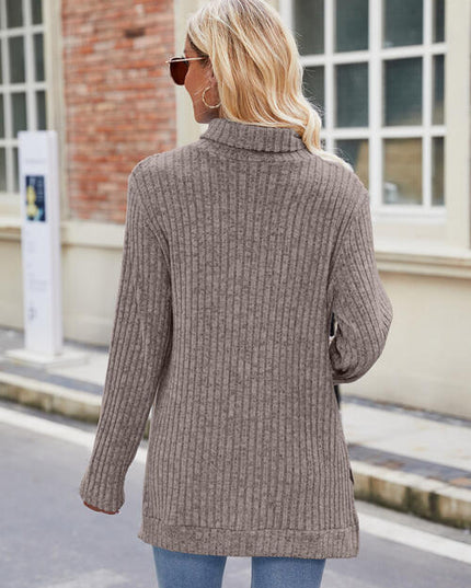Ribbed Turtleneck Long Sleeve Slit Knit Top