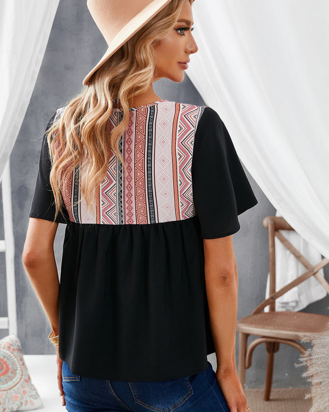 Geometric Print Color Block Tied Babydoll Blouse