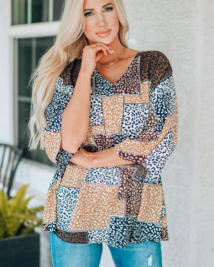Leopard Patchwork V-Neck Top
