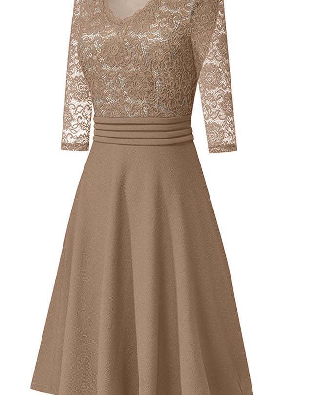 V-Neck Lace Detail Knee-Length Dress