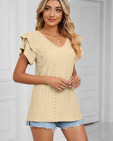 Eyelet Layered Flutter Sleeve V-Neck Knit Top
