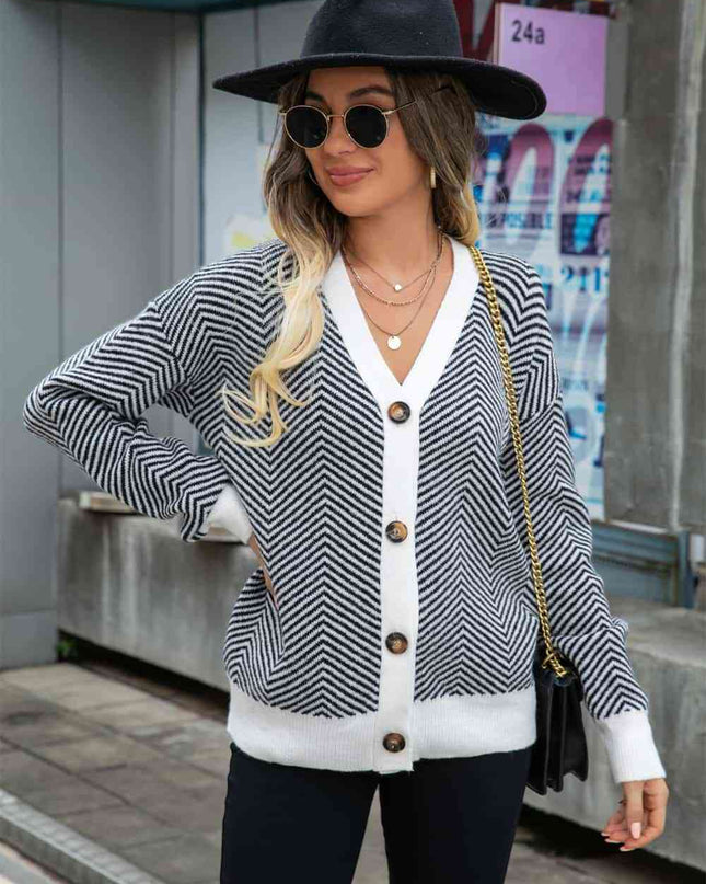 Striped V-Neck Dropped Shoulder Button-Up Cardigan
