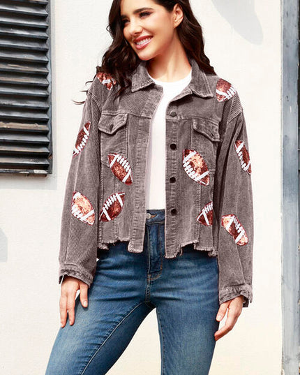 Football Sequin Raw Hem Collared Neck Jacket