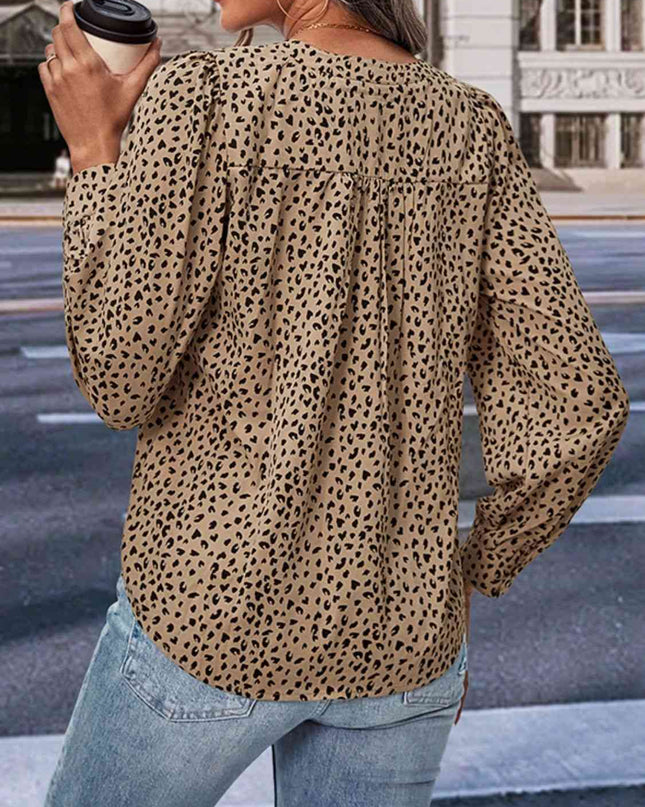 Leopard Notched Neck Puff Sleeve Blouse