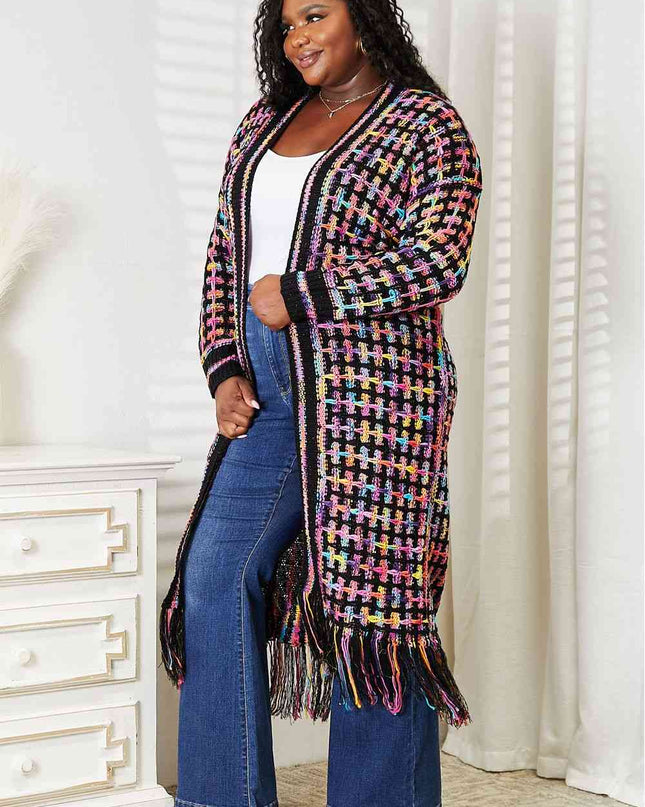 Double Take Full Size Multicolored Open Front Fringe Hem Cardigan