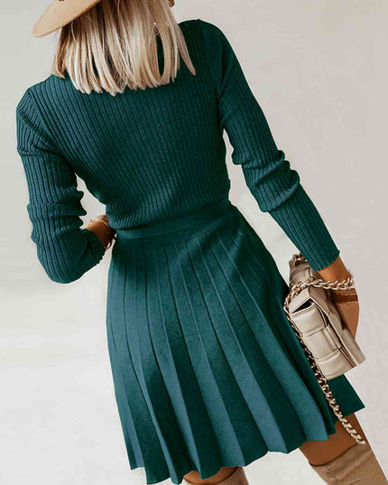 Surplice Neck Tie Front Pleated Sweater Dress