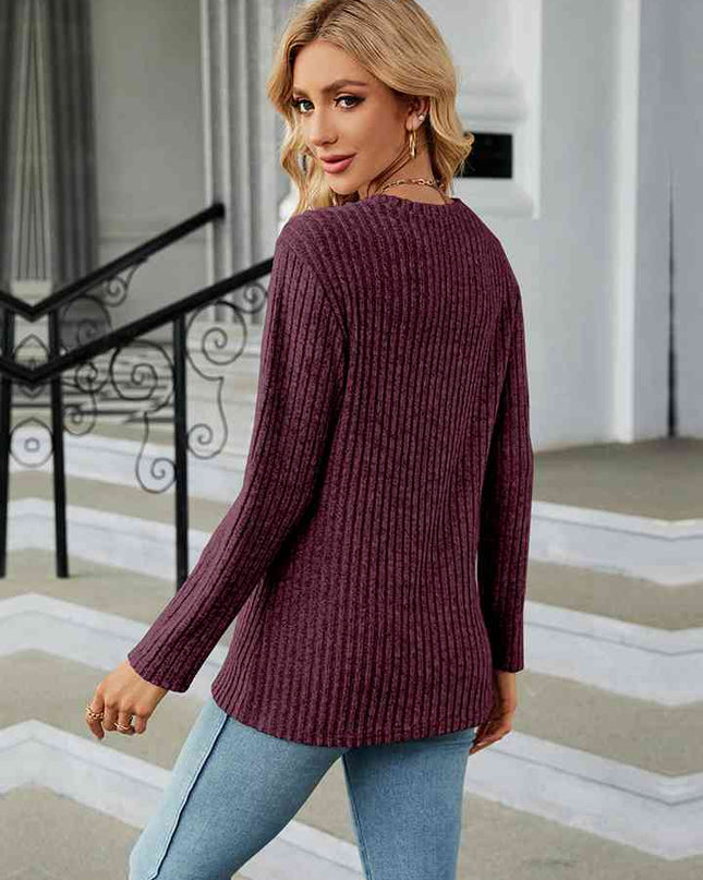 Round Neck Ribbed Button Detail Blouse