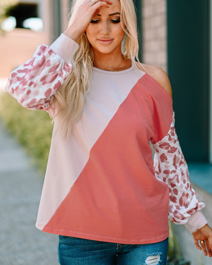 Leopard Color Block Cold-Shoulder Top