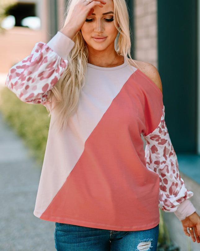 Leopard Color Block Cold-Shoulder Top