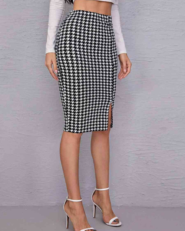 Houndstooth Slit Knee-Length Skirt