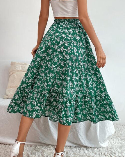 Printed Ruffle Hem Midi Skirt