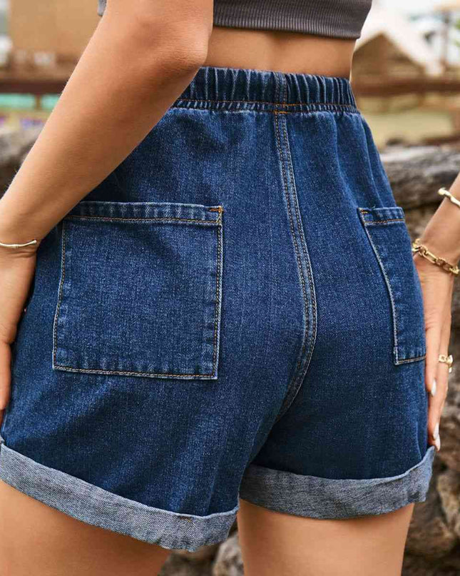 Drawstring High Waist Denim Shorts with Pockets
