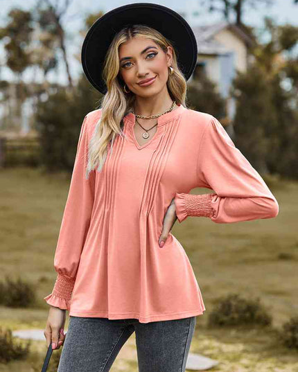 Notched Neck Flounce Sleeve Blouse
