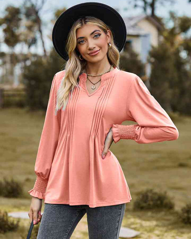 Notched Neck Flounce Sleeve Blouse