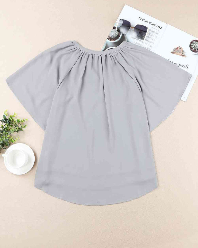 Gathered Detail Notched Neck Flutter Sleeve Top