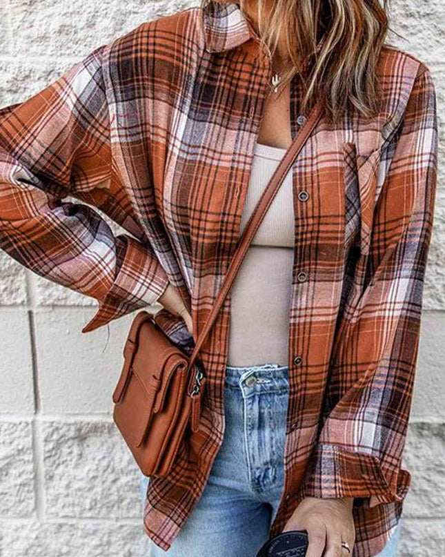 Collared Neck Long Sleeve Plaid Shirt