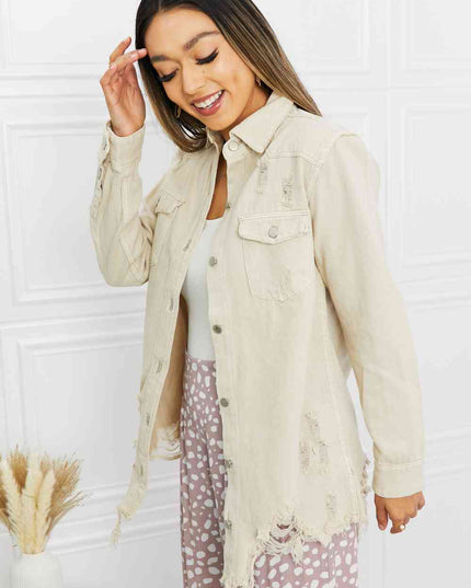 American Bazi Full Size Distressed Button Down Denim Jacket in Sand