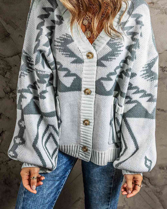Printed Button Up V-Neck Long Sleeve Cardigan