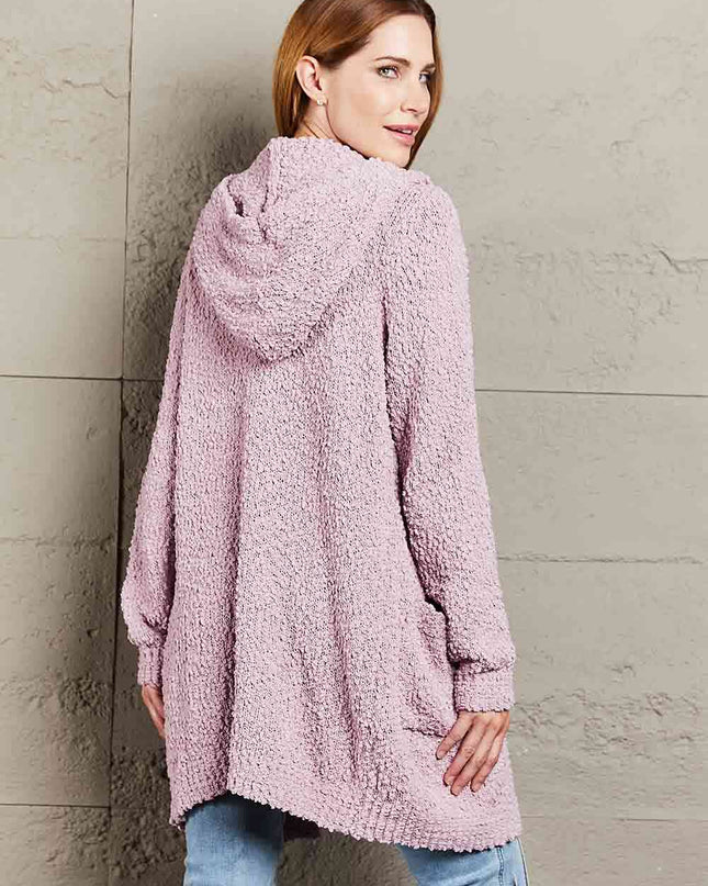 Double Take Popcorn-Knit Long Sleeve Hooded Cardigan