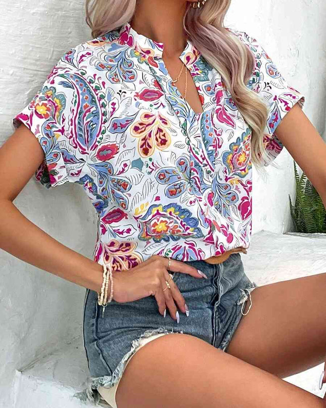 Printed Notched Neck Short Sleeve Blouse