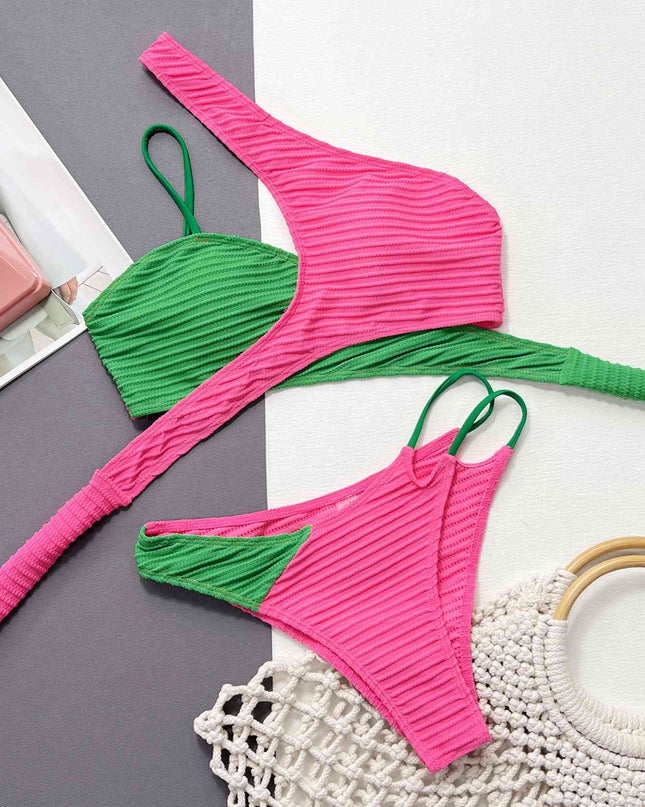 Contrast One-Shoulder Two-Piece Swim Set