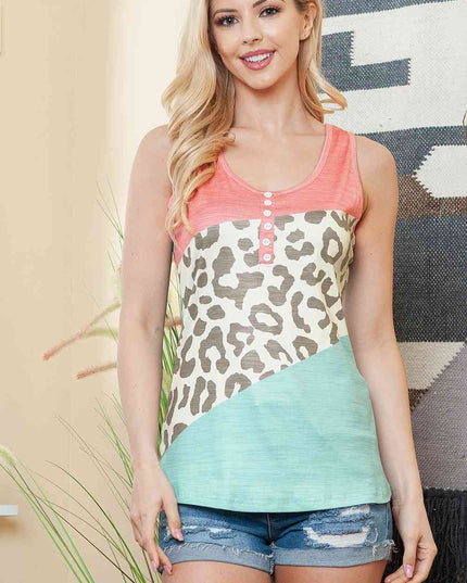 Leopard Color Block Decorative Button Tank