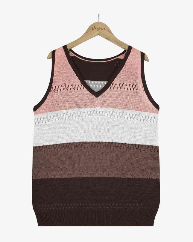 Striped Openwork V-Neck Knit Tank