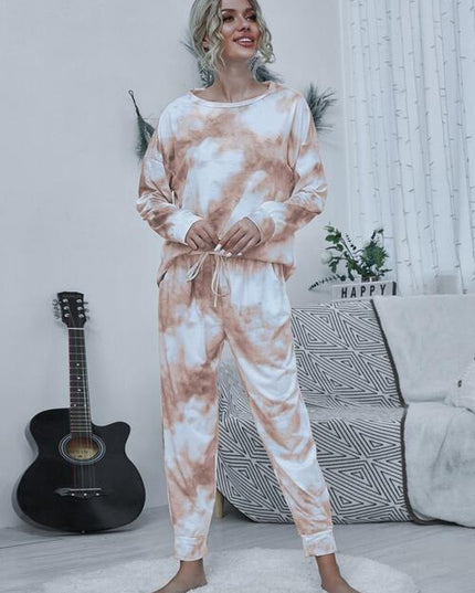 Tie-dye Round Neck Top and Drawstring Pants Lounge Set