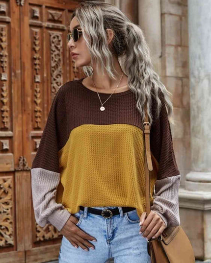Color Block Waffle-Knit Long Sleeve Top