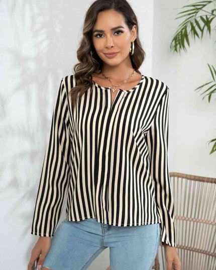 Striped Long Sleeve Notched Blouse