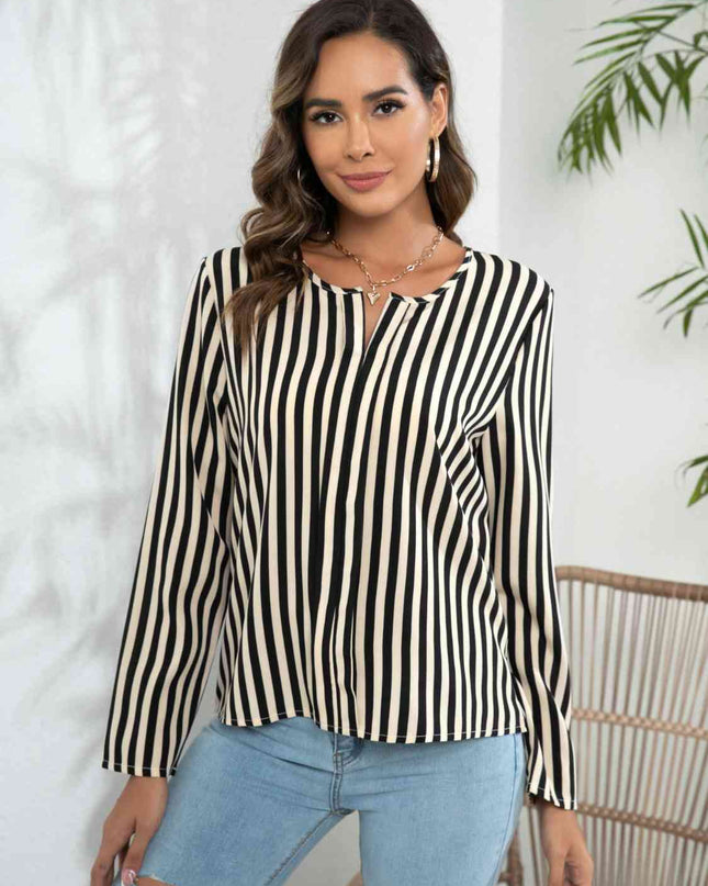 Striped Long Sleeve Notched Blouse