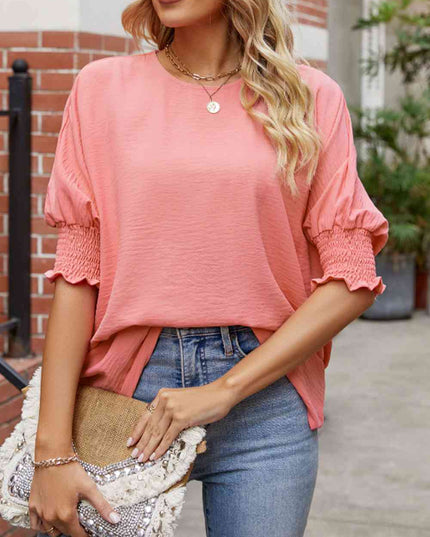 Round Neck Smocked Lantern Sleeve Blouse