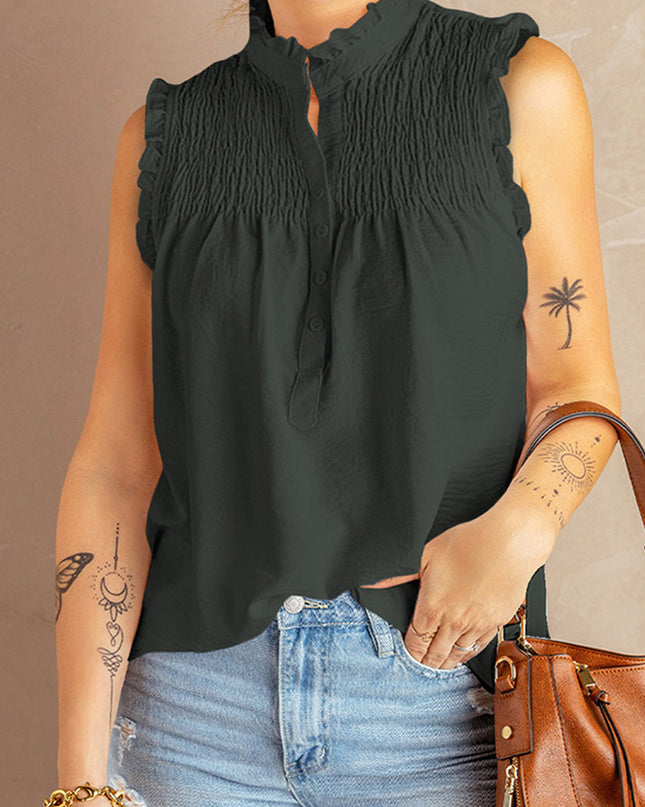 Buttoned Frill Trim Smocked Sleeveless Blouse