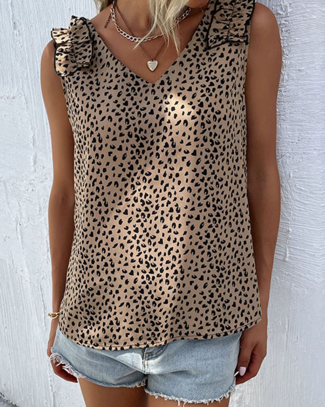 Leopard Frill Trim V-Neck Tank