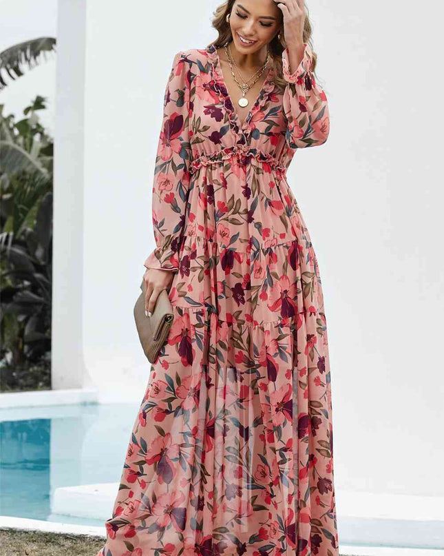 Floral Frill Trim Flounce Sleeve Plunge Maxi Dress
