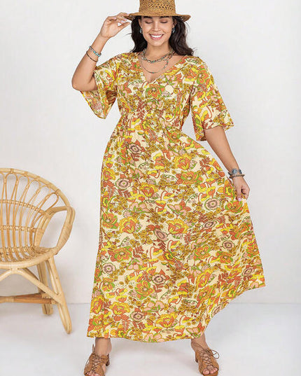 Floral V-Neck Short Sleeve Slit Dress